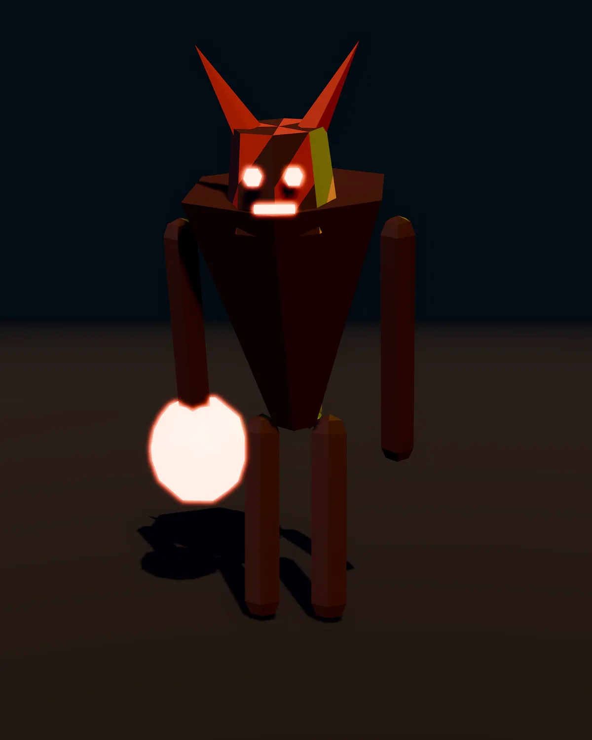 Diable rouge sombre aux cornes coniques, yeux et bouche de braise, une vessie incandescente à la main.