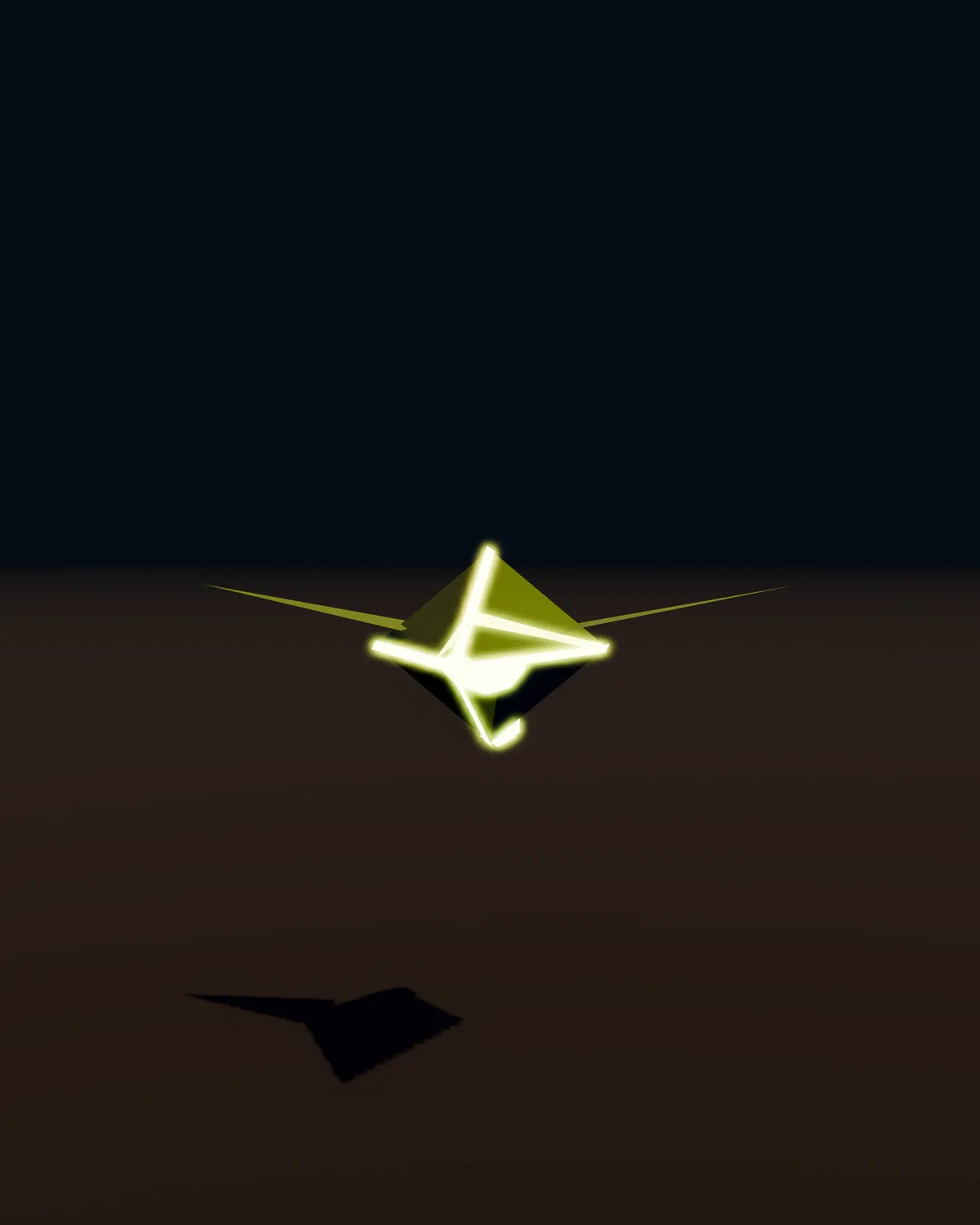 Écaillon en vol : petit octaèdre sombre aux arêtes vert acide lumineuses, déployant deux longues ailes triangulaires.